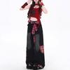 Red Plaid Patchwork High Waist Wide Leg Jeans - Women's Loose Straight-Leg Floor-Length Pants 2025