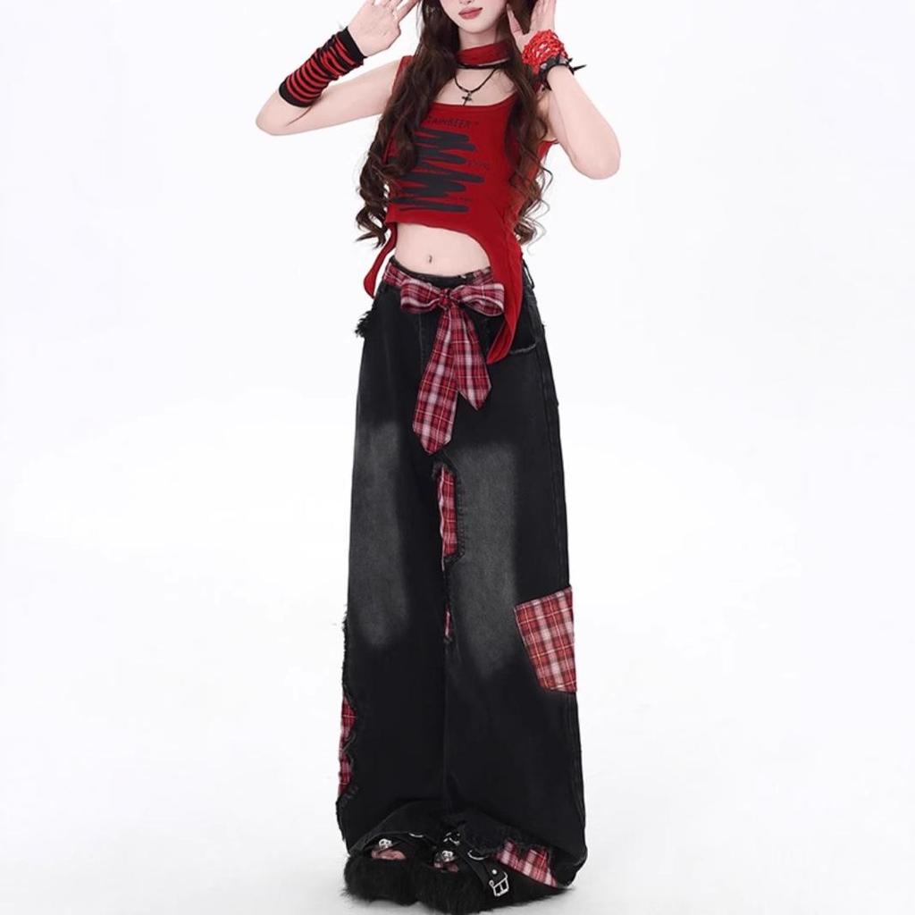 Red Plaid Patchwork High Waist Wide Leg Jeans - Women's Loose Straight-Leg Floor-Length Pants 2025