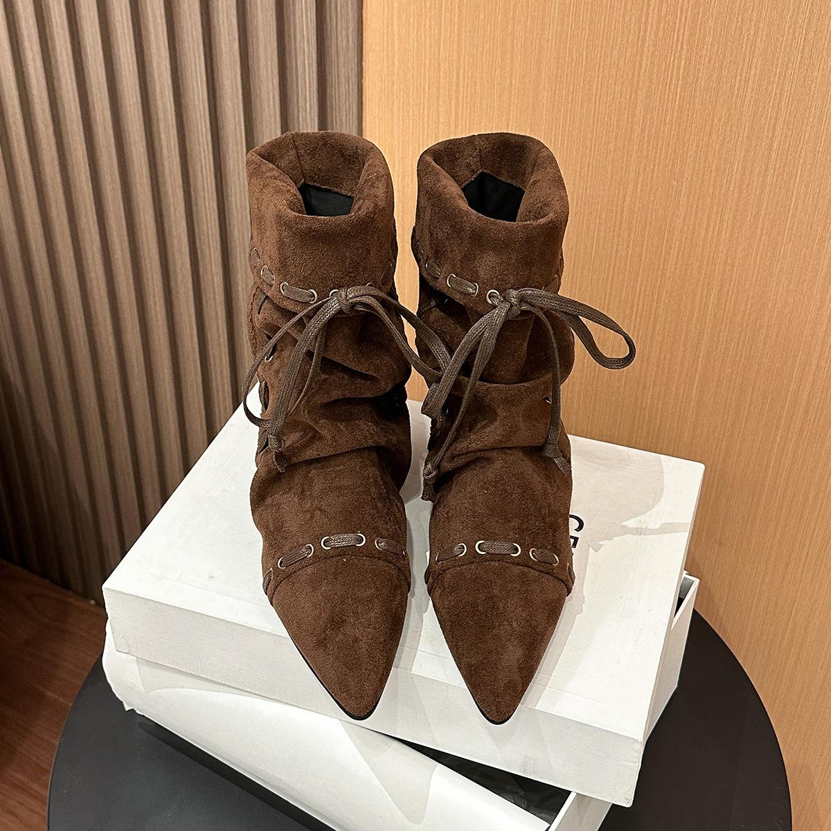 

818-1 Индивидуальные модели, ботильоны Мартин на скрытой платформе, с острым носком, осень-зима, ретро, универсальные, на шнуровке, короткие женские ботинки в западном стиле 40 коричневый