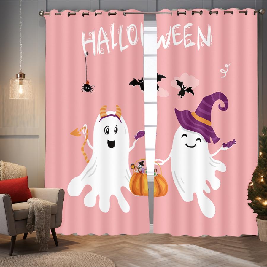 Halloween Themed Cute Ghost Pattern Printed Curtains Decorating Bedrooms Living Rooms Set Of 2 Made Polyester Area Decor