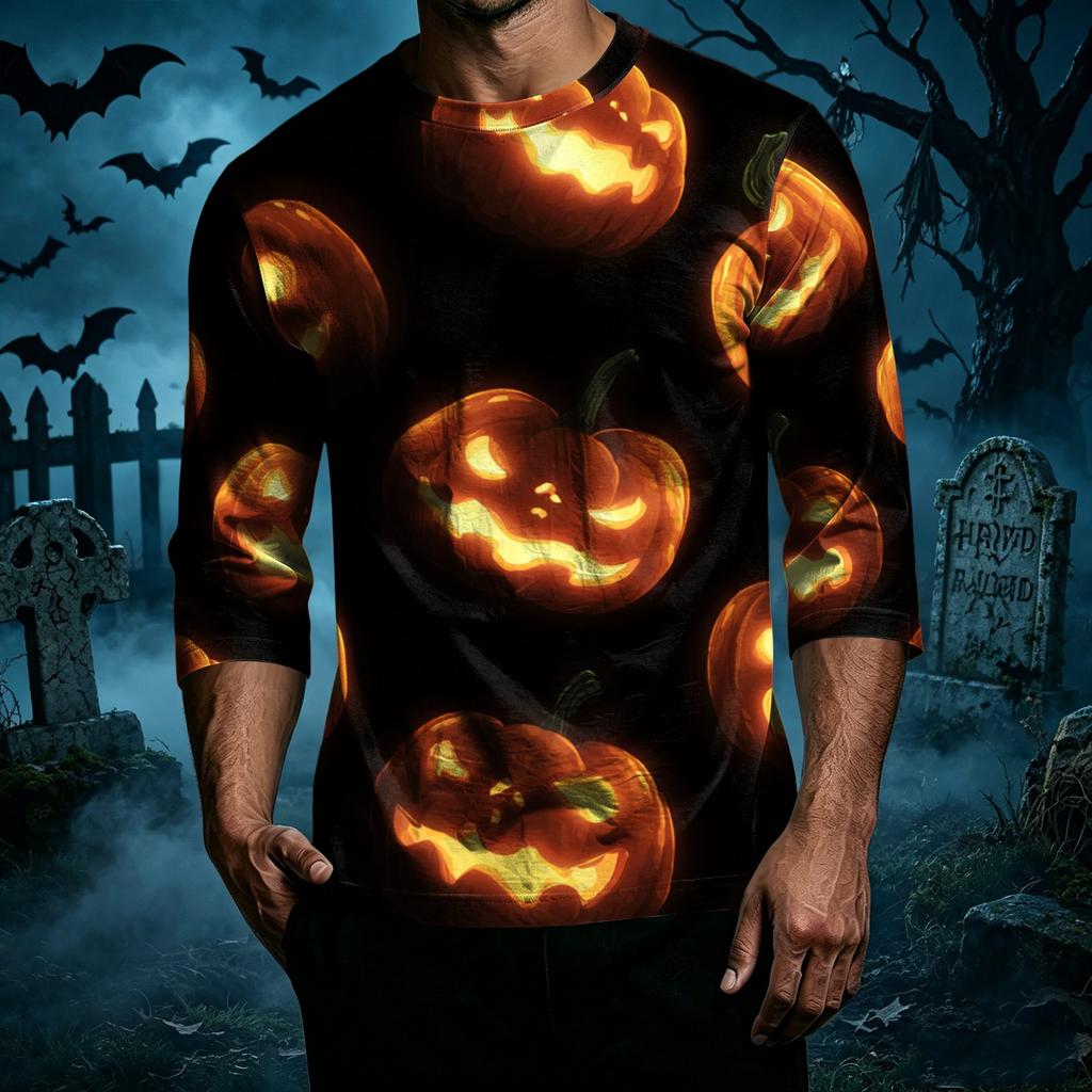 Men's Casual Halloween Print Crew Neck T Shirt Three Quarter Sleeve Top Lightweight Comfortable Fit Seasonal Design