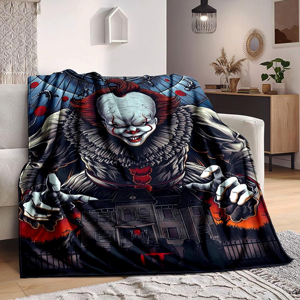 1pc It "Clown" Flannel Throw Blanket - HD Printed Lightweight Soft Warm All-Season Blanket for Sofa, Bed, Travel, Camping 019