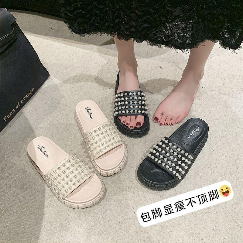 High heel pearl thick bottom one-word drag 2025 autumn and summer new Korean version versatile fashion muffin cool slippers women's wear