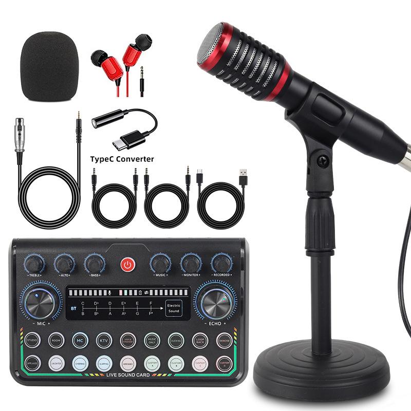 SM58 Wired Dynamic Microphone Set for Mobile & Computer Live Broadcast with V8s Sound Card & Desktop Stand
