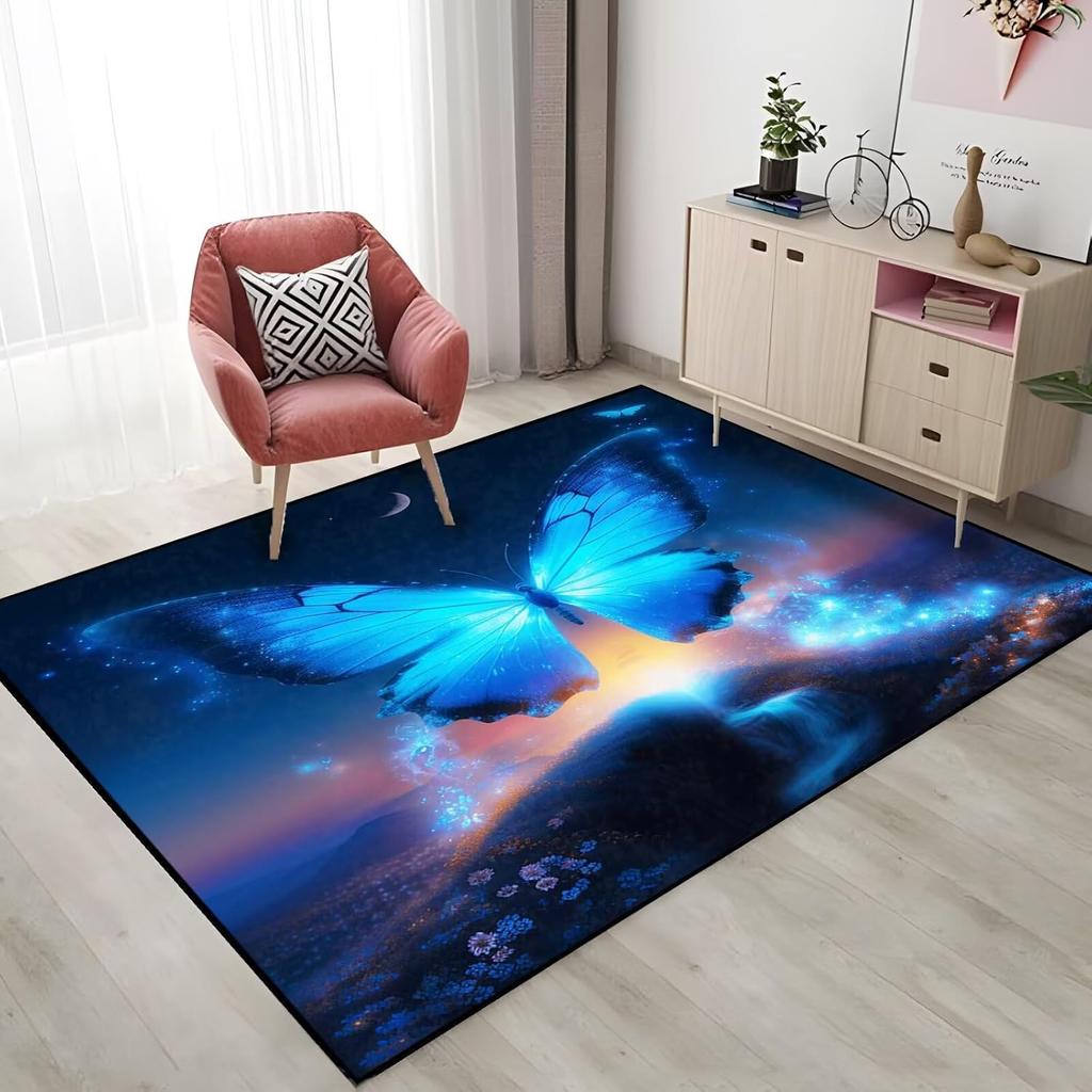 Large Galaxy Butterfly Rug Blue Fantasy Starry Sky Area Rugs Modern Microfiber Non-Slip Washable Living Room Dining Room Bedroom