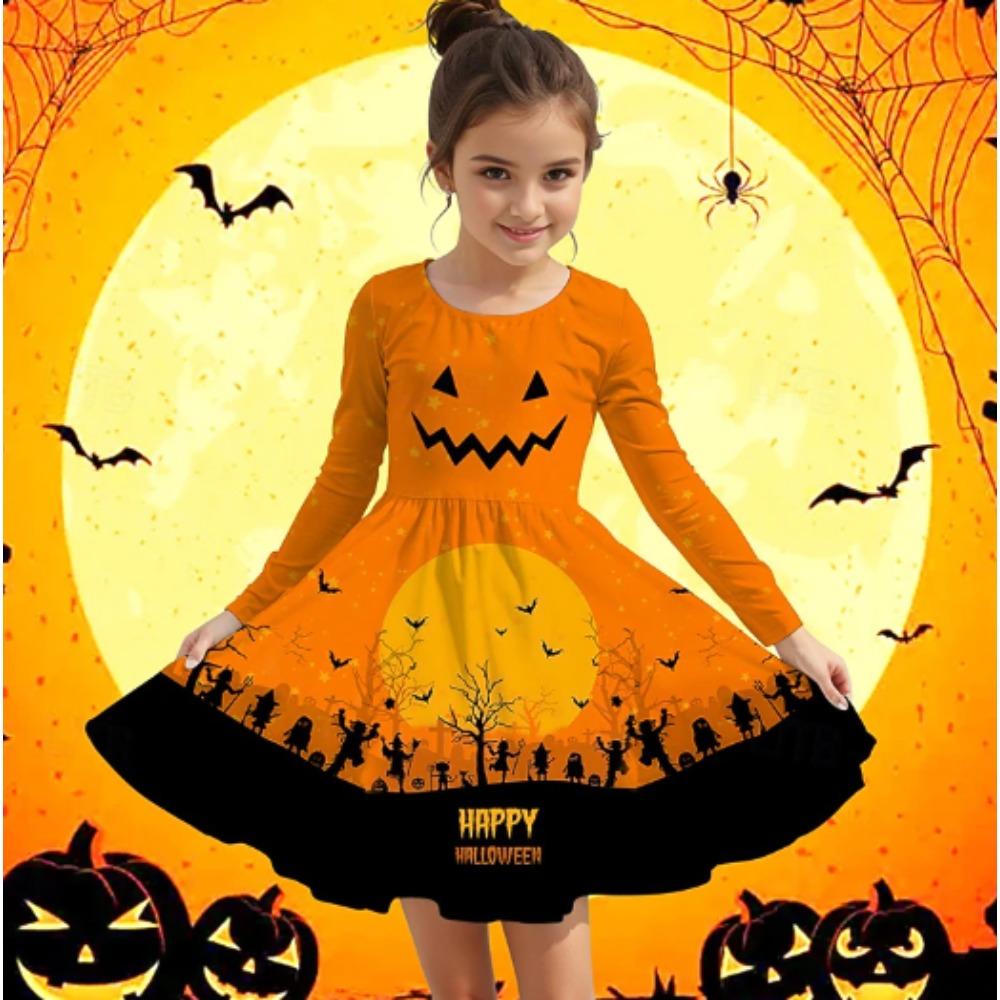 Girls' 3D Halloween Dress Long Sleeve Summer Spring Vacation Daily Holiday Princess Beautiful Sweet Kids 4-12 Years Casual Dress A Line Dress