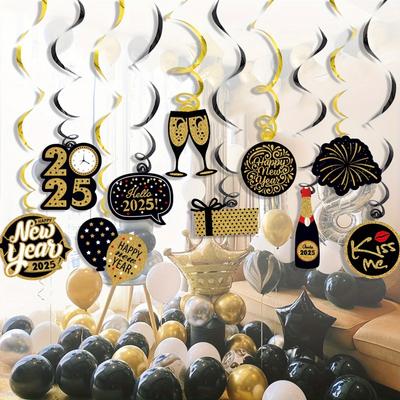 2025 New Year Spiral Hanging Decorations, Black and Gold Champagne Cups, Balloons, Fireworks Designs, Festive Home and Kitchen Decorations
