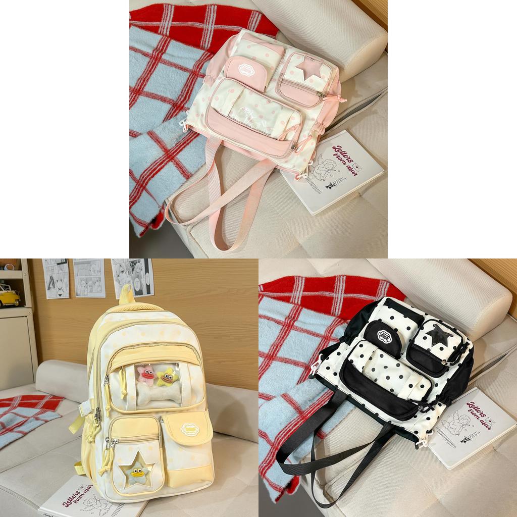 Nylon School Backpack For Girls With Polka Dot Pattern And Padded Shoulder Straps For Campus Use