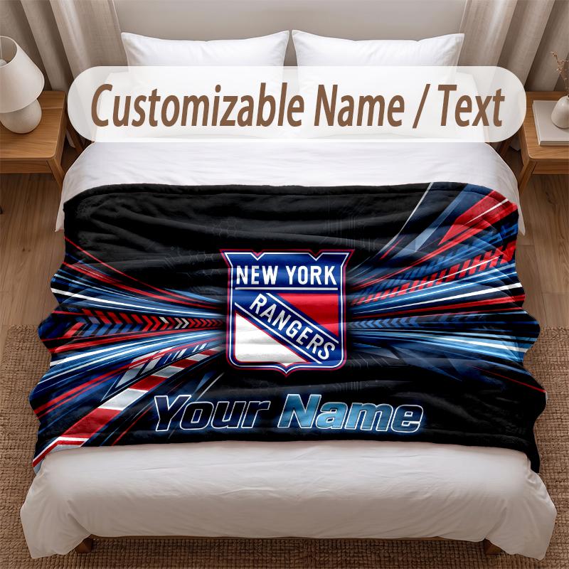 New York Rangers Printed Flannel Blanket Custom Name Text Soft Warm Throw For Bedroom Holiday Gift