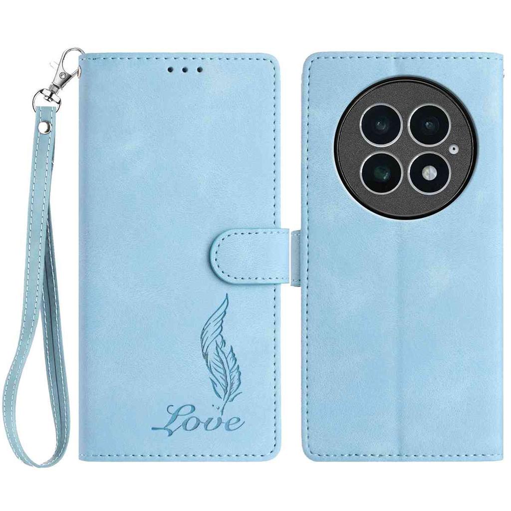 For OnePlus 13 Case Imprinted Feather PU Leather Wallet Phone Cover with Wrist Strap