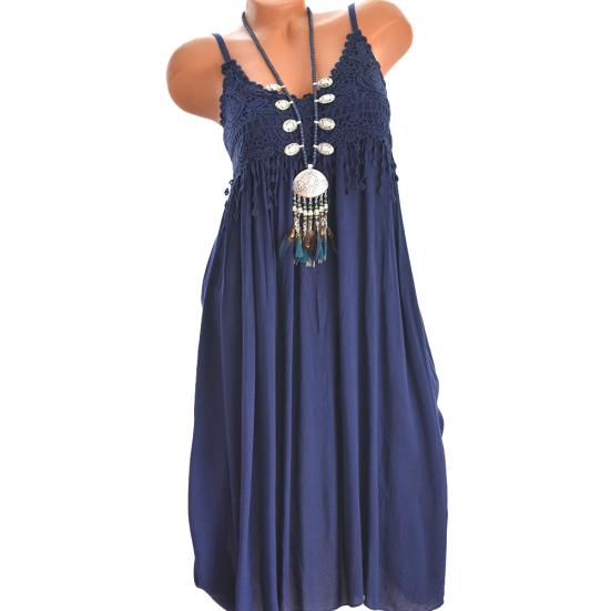 Vintage Women Lace Flower Sleeveless Solid Color Ruffle Casual Summer Maxi Dress