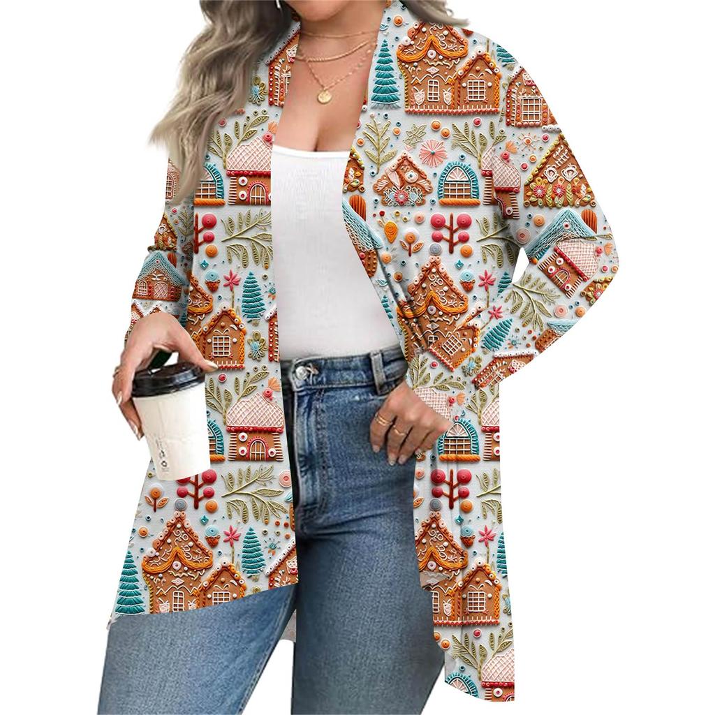 Women's Fall And Winter Fashion Casual Print Long Sleeve Mid-Length Cardigan Jacket