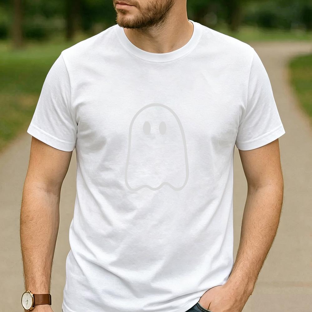 Minimalist Simple Line Ghost Graphic T Shirt Unisex Cotton Short Sleeve Cute Spooky Halloween Fall Black Casual Tee