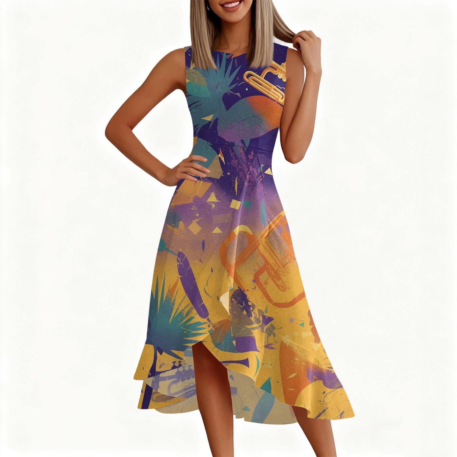 

Женское модное повседневное платье без рукавов с круглым вырезом, принтом, оборками и молнией XL жёлтый