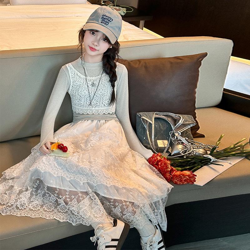 

2025 New Autumn Korean Style Girls Lace Cake Dress Set 120 cm