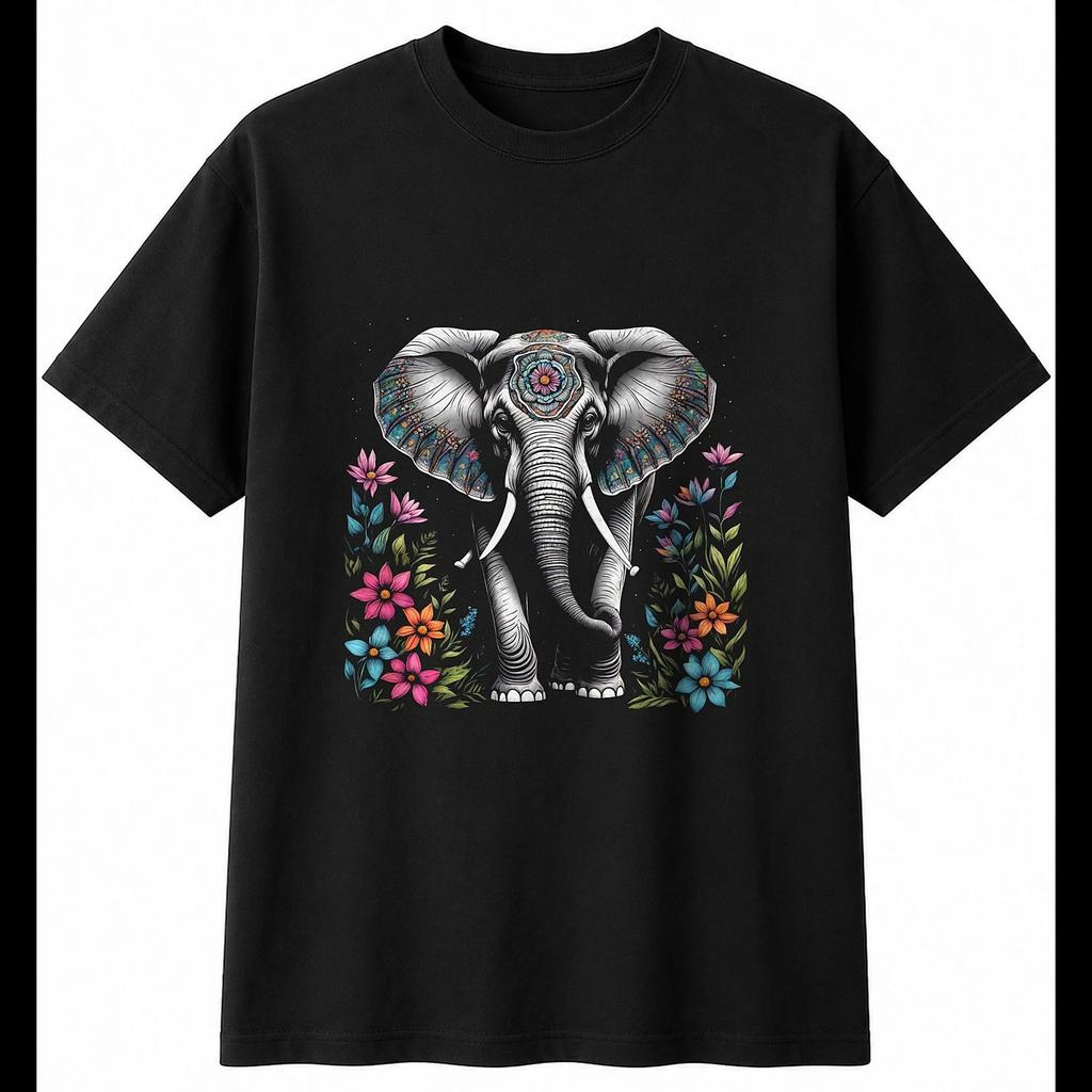 Tattoo Elephant with Flowers Mens T-Shirt Wildlife Black 100% Cotton Printed