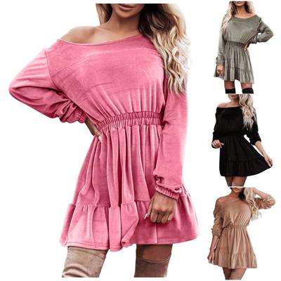 Women's Fashion Autumn And Winter New Long Sleeve Slim Solid Color Ruffle Dress