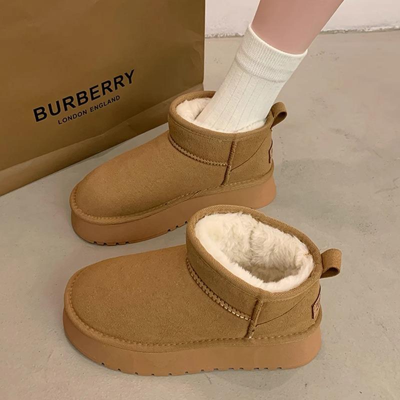 Snow Boots Women's 2025 New Winter Velvet Thickened Short Boots Leather Non-slip Bread Warm Platform Cotton Shoes