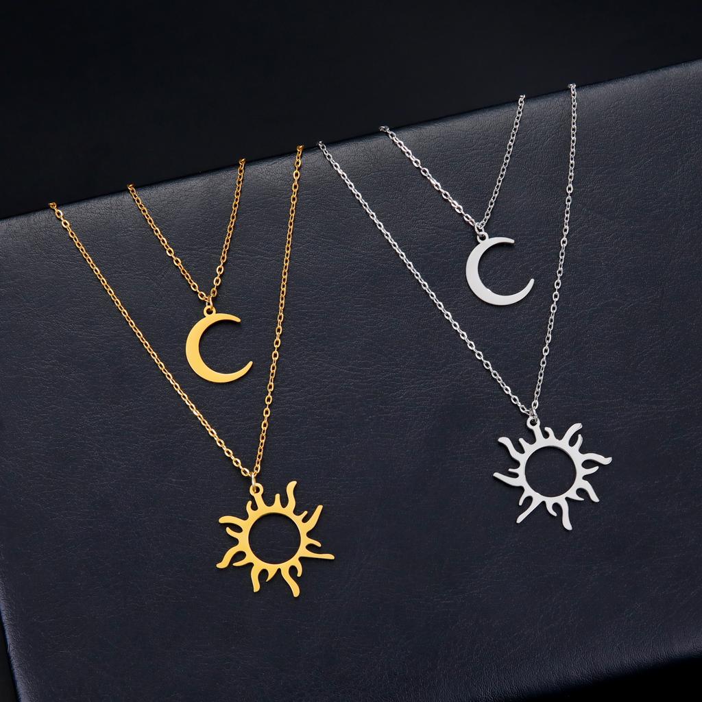 Sun Moon Necklace for Women Double Layer Chain Jewelry on the Neck Pendant Accessories Birthday Christmas Gifts for Girlfriend