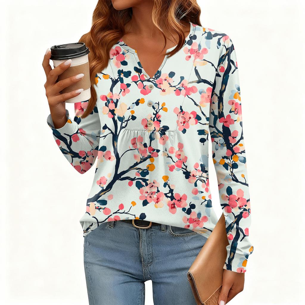 Γυναικείο Χαλαρό, V-λαιμόκοψη, Ρετρό Χρώμα, Μπλοκ με Φλοράλ Σχέδιο, Μακρυμάνικο Πουλόβερ T-shirt