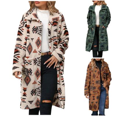 Autumn And Winter Women's Single Breasted Ethnic Style Printed Plush Long Coat Jacket