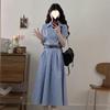 New High-end Blue Striped Shirt Dress Children's Summer Temperament Waist Polo Dress