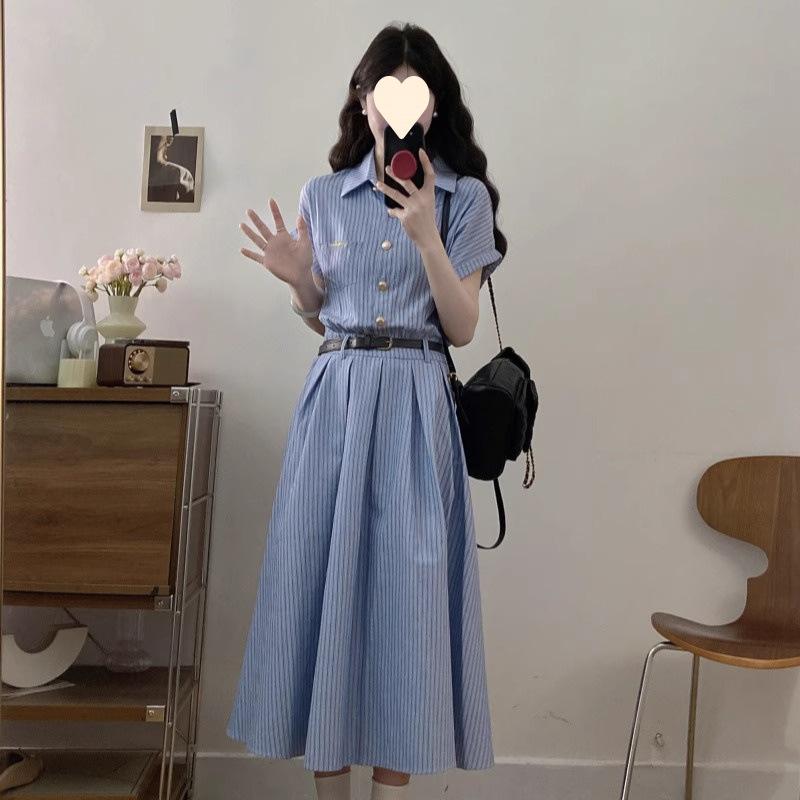 New High-end Blue Striped Shirt Dress Children's Summer Temperament Waist Polo Dress