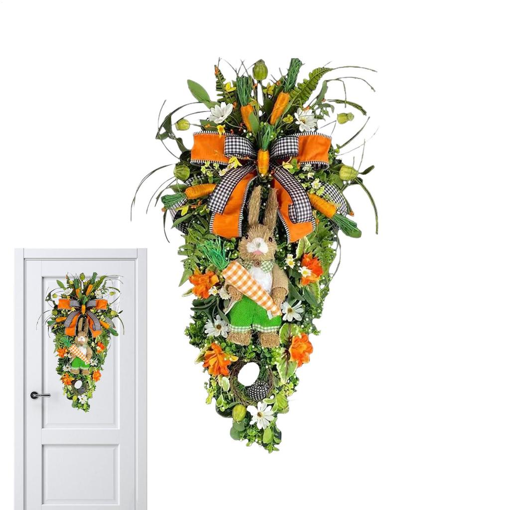 Easter Teardrop Wreath Ornament Easter Bunny Carrot Wreath Artificial Rabbit Carrot Teardrop Swag Decor For Front Door Porch