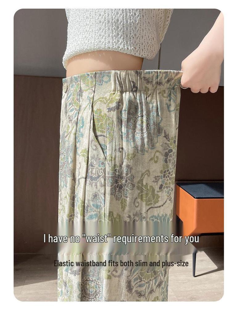 Women's High-Waist Retro Print Wide-Leg Linen Pants - Spring 2026 Collection