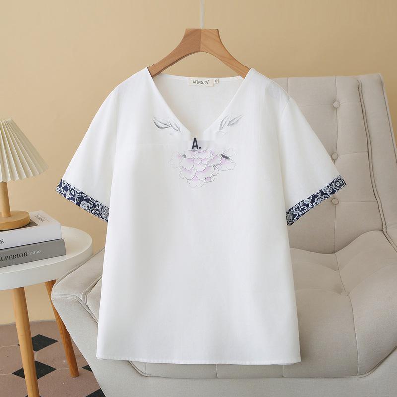 B1 Plus Size Women's Ethnic V-Neck Short Sleeve Cotton Linen Shirt - Summer 2026 Arrivals