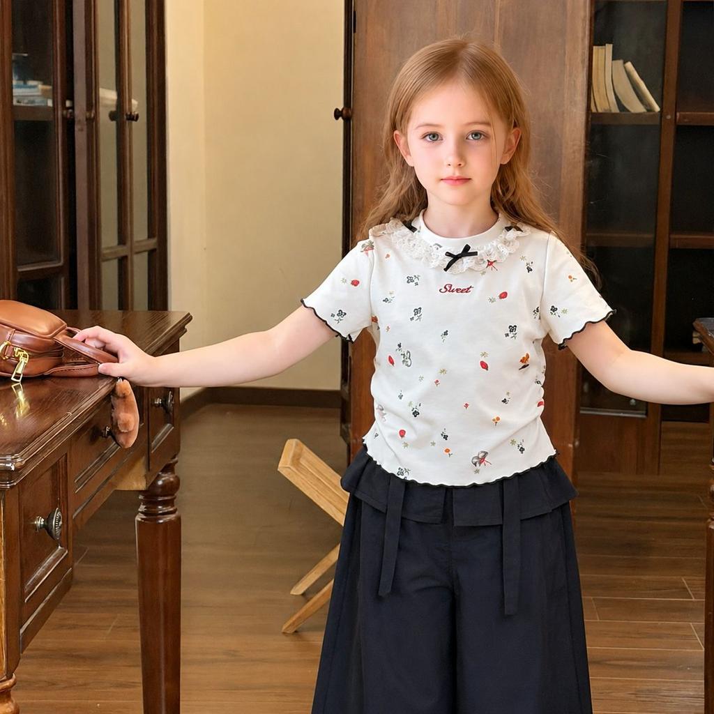 Girls Sweet Floral Short Sleeve T Shirt Stylish Casual Top for Big Kids