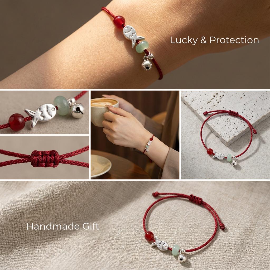 Minimalist Dainty Red Cord Bracelet for Women Cute Small Fish Red Bead Adjustable Waterproof Friendship Wristband Jewelry Gift