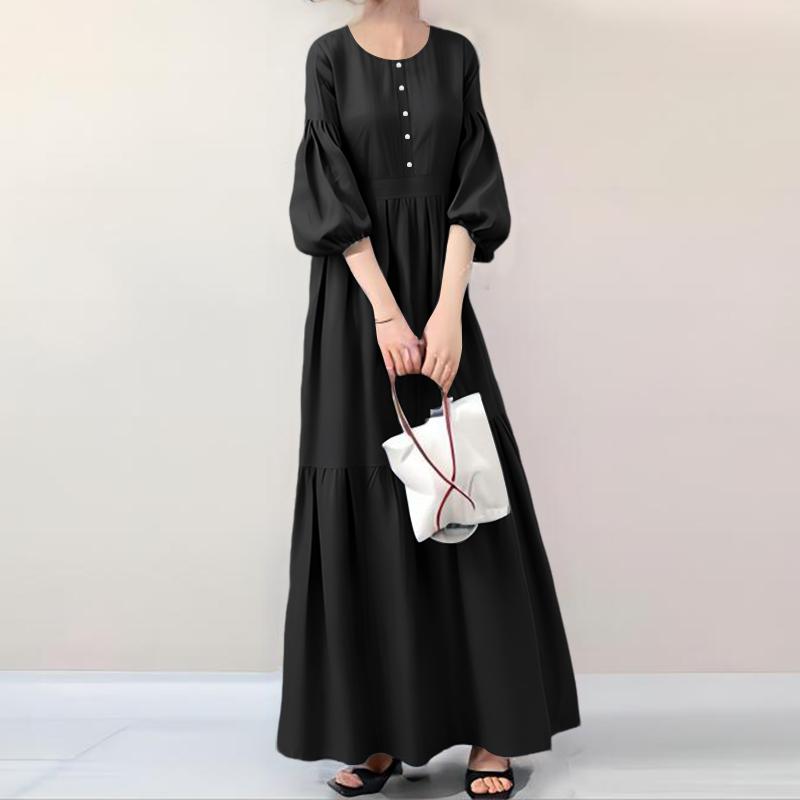 

ZANZEA Женское повседневное длинное платье с круглым вырезом и рукавами 3/4, однотонное XL чёрный