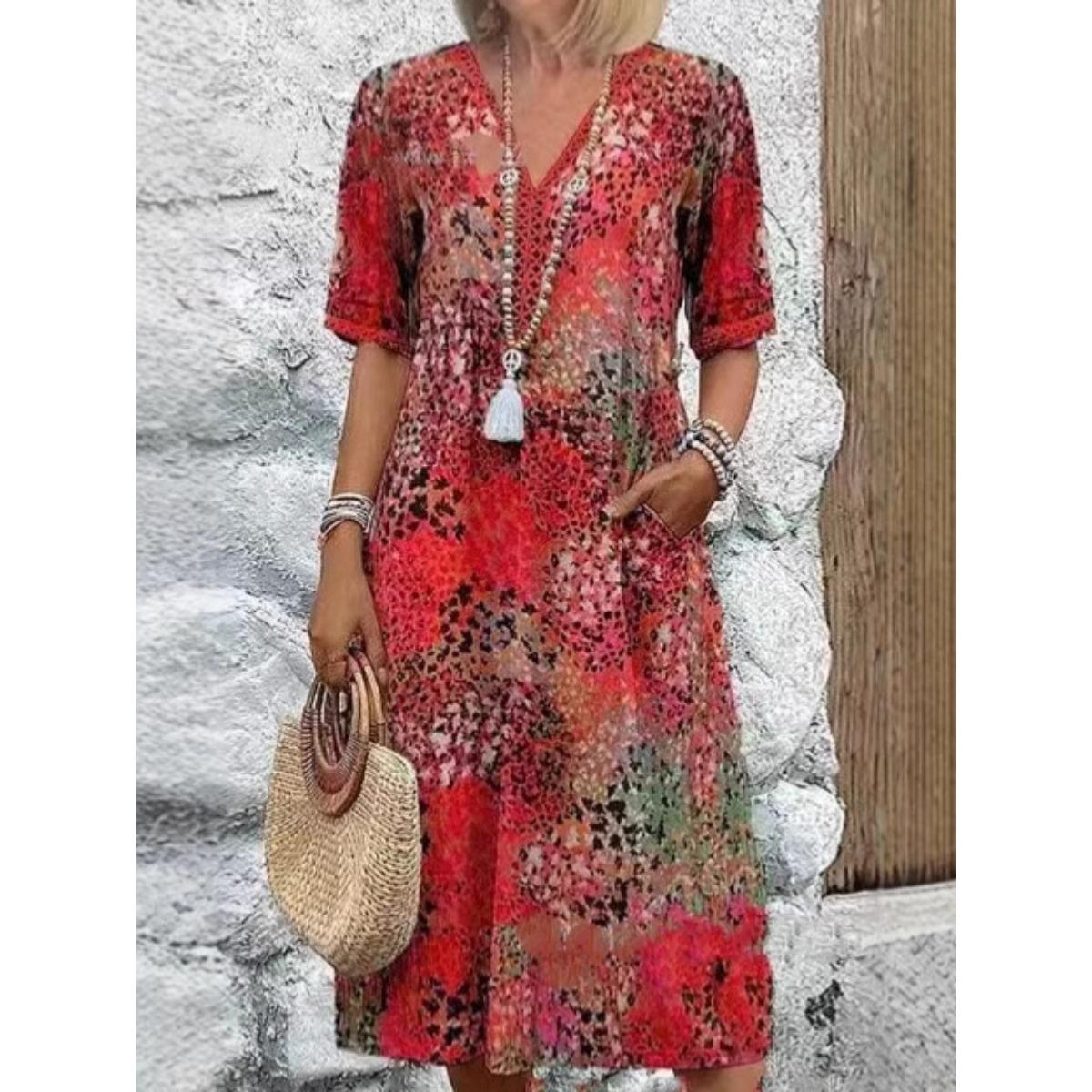Summer Women s Vintage Print V-neck Casual Vacation Dress With Pockets, European American Style For Leisure New style S красный