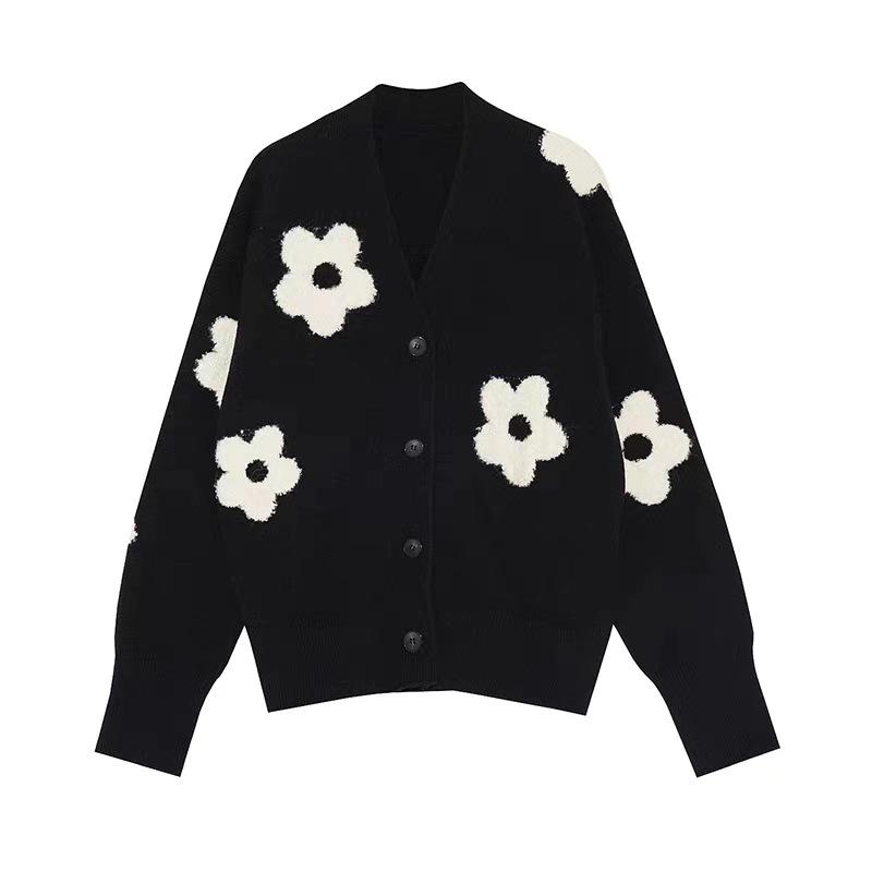 European & American Autumn V-Neck Floral Knit Cardigan for Women