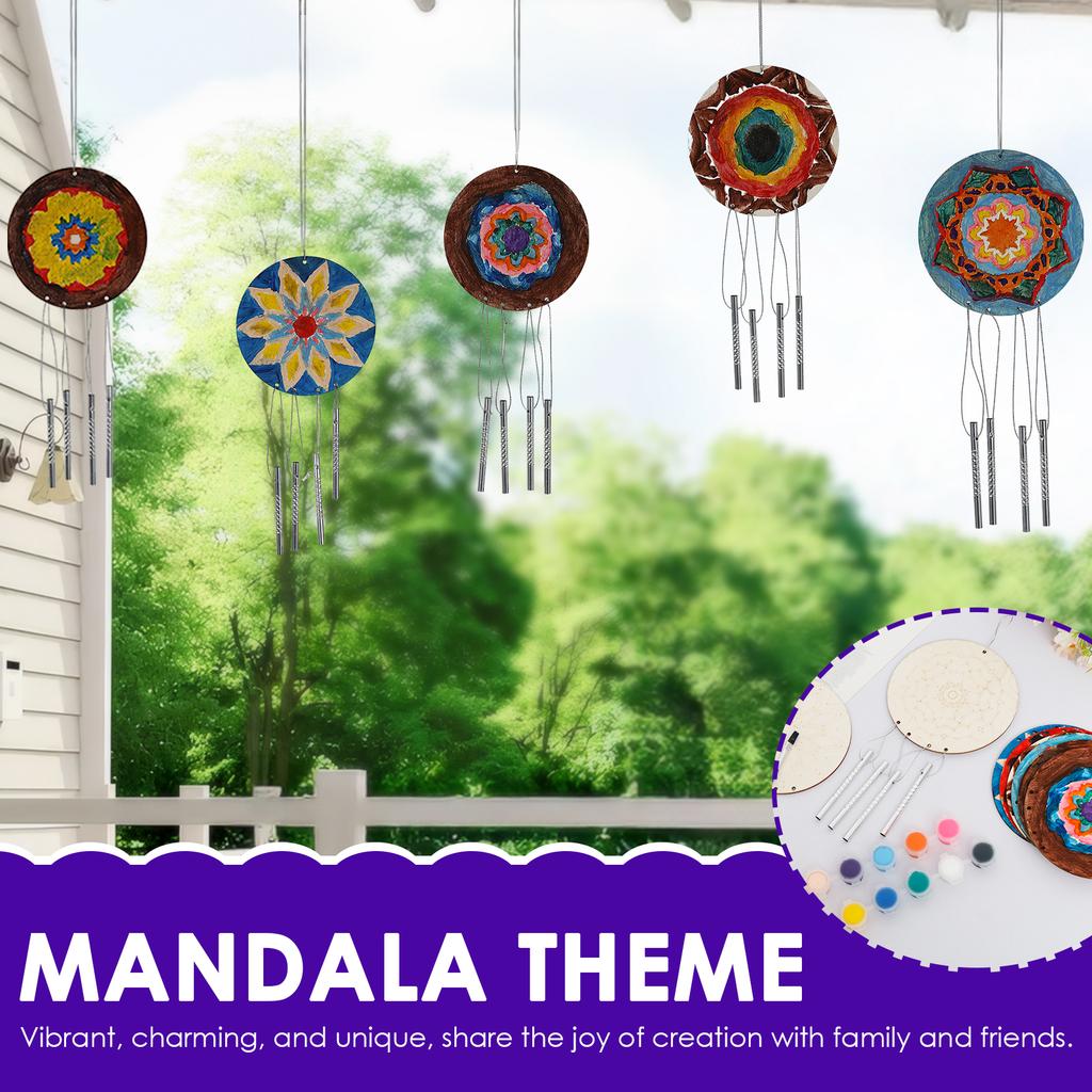 24Pcs Mandala Wind Chimes Craft DIY Unfinished Wood Windchime Creative Coloring Craft Hanging Ornament for Kids Home Birthday