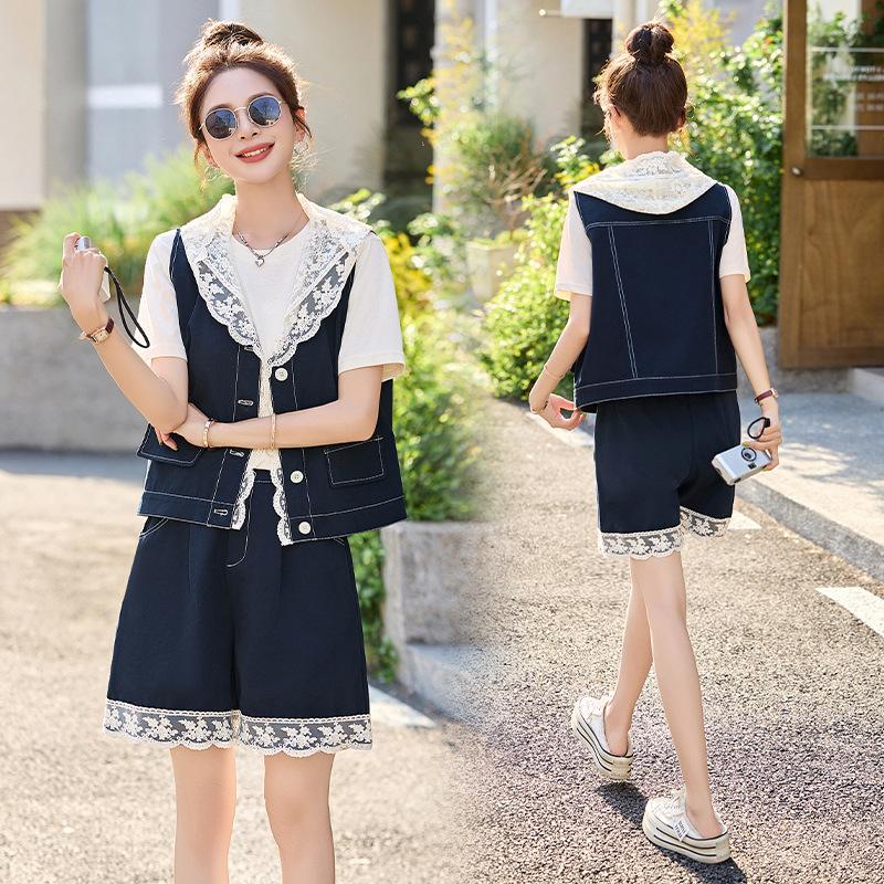 

Джинсовый костюм без рукавов, летний женский джинсовый модный повседневный комплект из трех предметов с кружевной отделкой и джинсовыми шортами S тёмно-синий