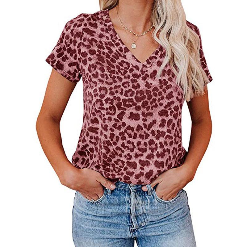 

Fashion Spring Leopard Print Flowers Print Blouses Short Sleeved V-Neck T Shirts Casual 8XL рожевий