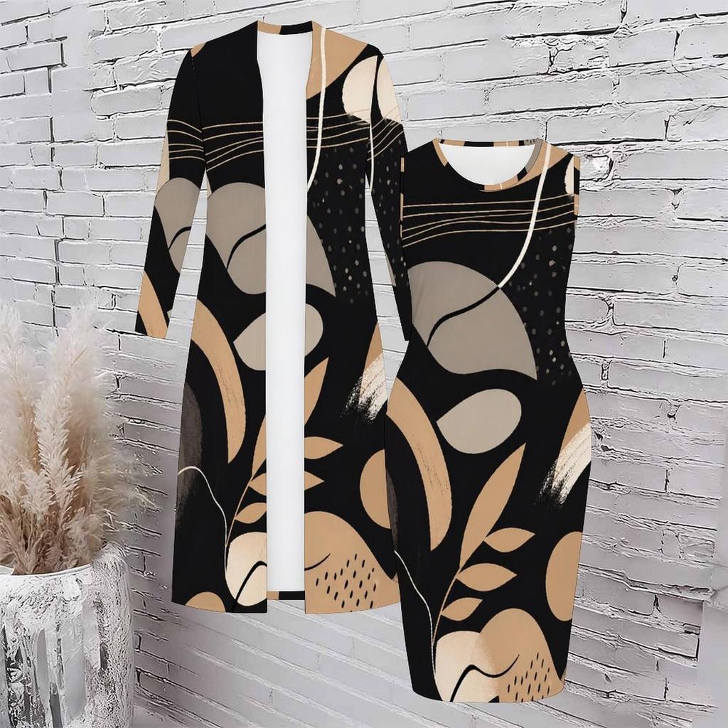 Women Plus Size Printed Two Piece Set Long Sleeve Open Front Cardigan Sleeveless Bodycon Dress