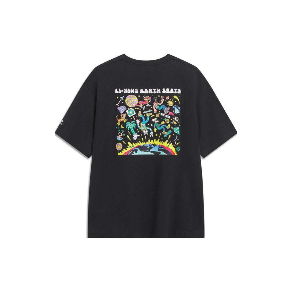 Li-Ning X Steven Harrington Cartoon Print Round Neck Short Sleeve T-Shirt Unisex Tops Black AHST077-3