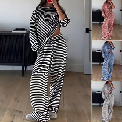Women's Solid Color Simple Striped Pajama Set, Adjustable Drawstring Pants and Contrasting Round Leader Top Combination