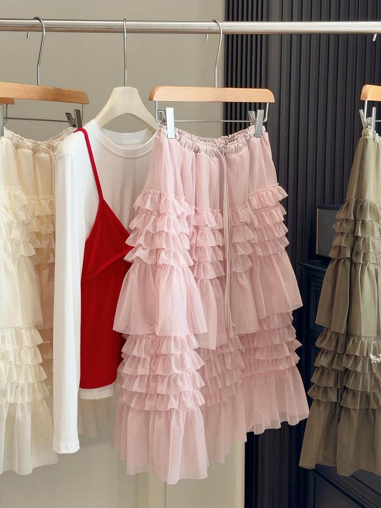 Korean Style Fluffy Lace Mesh Layered Midi Skirt for Women - Spring Collection
