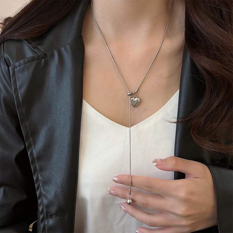 Trend Heart Pendant Drawstring Necklace For Women Korean  Long Adjustable Sweater Chain Aesthetic Jewelry Accessories