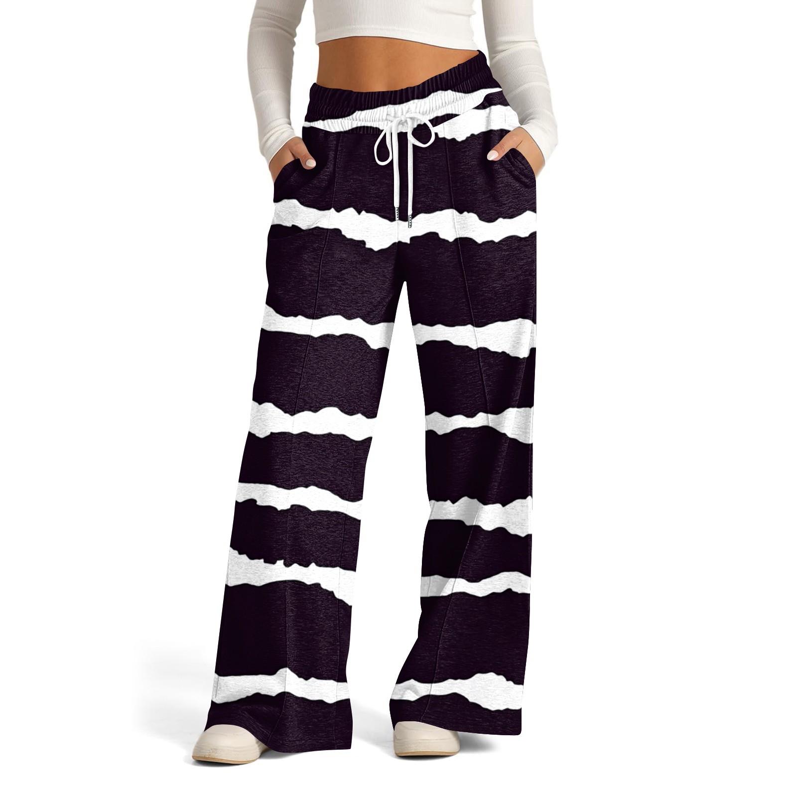 Women s Wide Leg Casual Pants High Waist Striped Sports Pants L чёрный