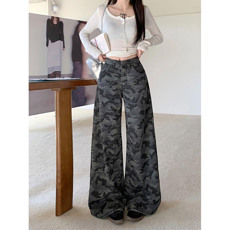 

American Retro Camouflage Pants Denim Loose Pants Female Summer High Waist Loose Niche Style Casual Mopping Pants Straight-Leg Pants Fan Color pants 155-165 XL