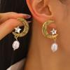 Vintage Gold Color Moon Star Pearl Drop Earrings For Women Exquisite Zircon Asymmetric Temperament Earrings Ear Zircon Gifts
