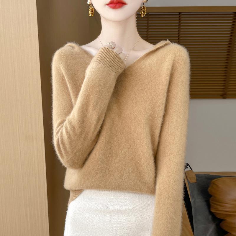 Women's 100% Wool Hooded Sweater: Cozy, Loose Fit, Perfect for Autumn/Winter. Trendy Base Layer and Knit Hoodie.