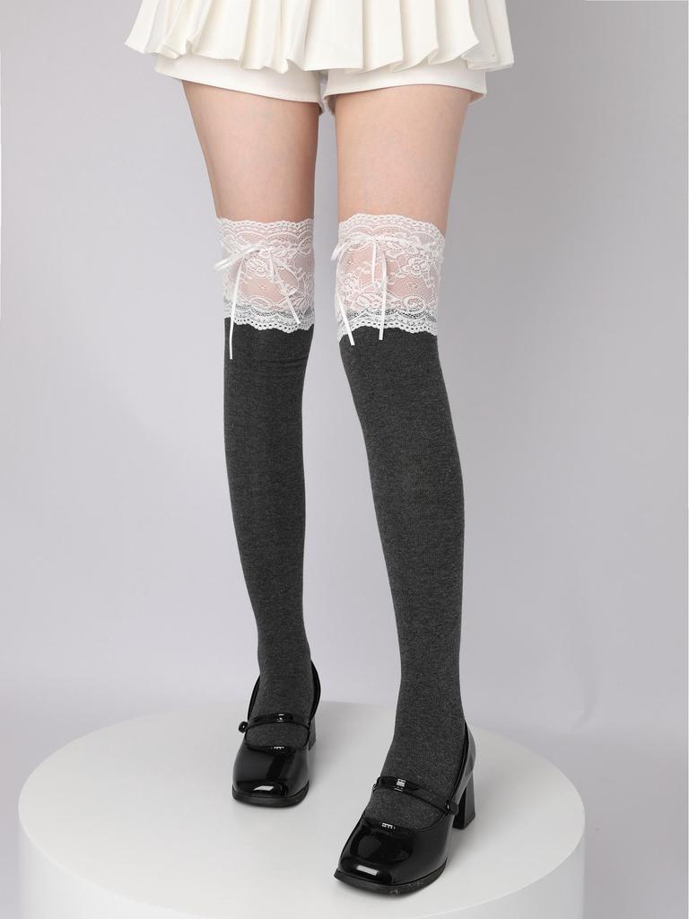 Lolita Lace Frill Mid-Calf Socks with Bow Ribbon - White Ballet Style JK Knee-Highs for Spring & Autumn