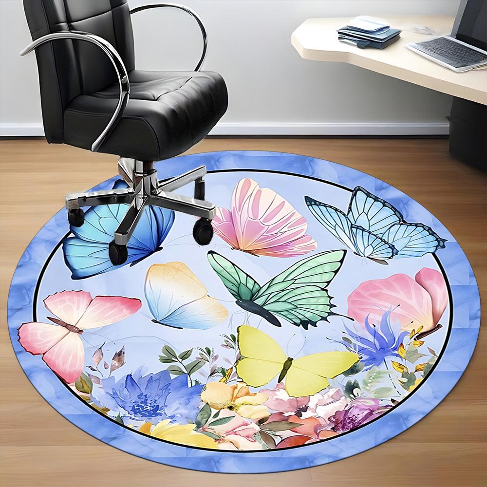 1pc Butterfly Floral Pattern Carpet for Office Non Slip, Round Carpet, Soft & Comfortable, Carpet for Office, Lightweight Round Floor Mat