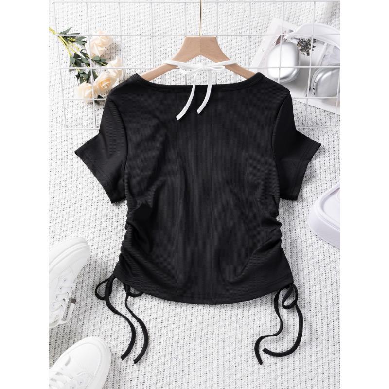 Jednobarevné falešné dvoudílné tričko s krátkým rukávem a stahovací šňůrkou u krku Dámské topy